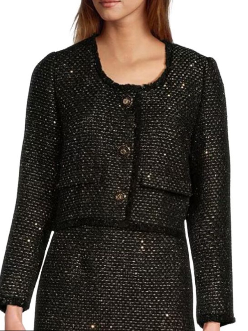ANTONIO MELANI Thea Black Tweed Crop Blazer with Gold Threading